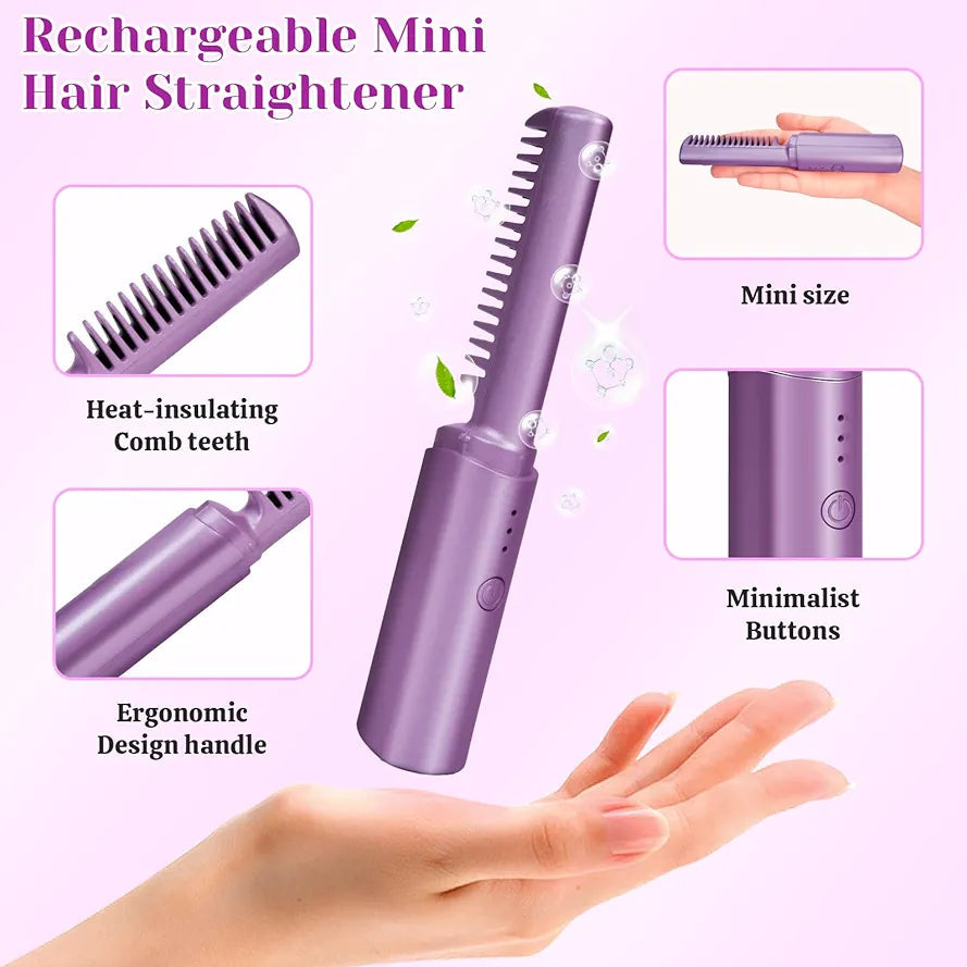 Mini Plancha De Pelo Recargable, Cepillo Y Rizador Alisador De Pelo Anti-Escaldaduras 2 En 1, Plancha De Pelo PortáTil InaláMbrica, Mini Rizador, Peine Caliente Para Uso Diario Y Viajes 
