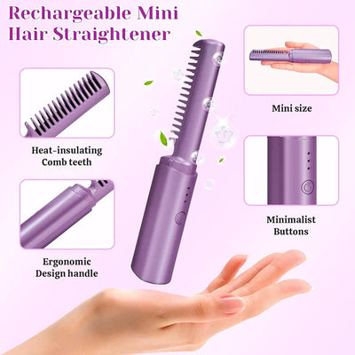 Mini Plancha De Pelo Recargable, Cepillo Y Rizador Alisador De Pelo Anti-Escaldaduras 2 En 1, Plancha De Pelo PortáTil InaláMbrica, Mini Rizador, Peine Caliente Para Uso Diario Y Viajes 